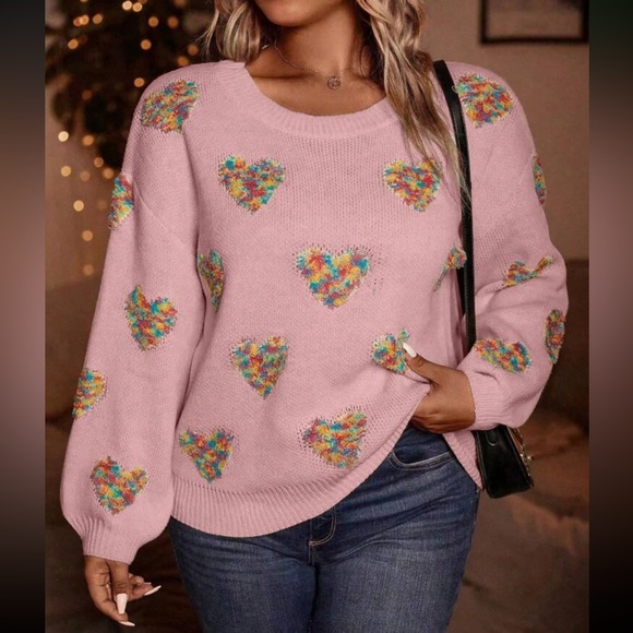 Heart Print Vday Valentine’s Day Knit Sweater Top - Picture 3 of 13